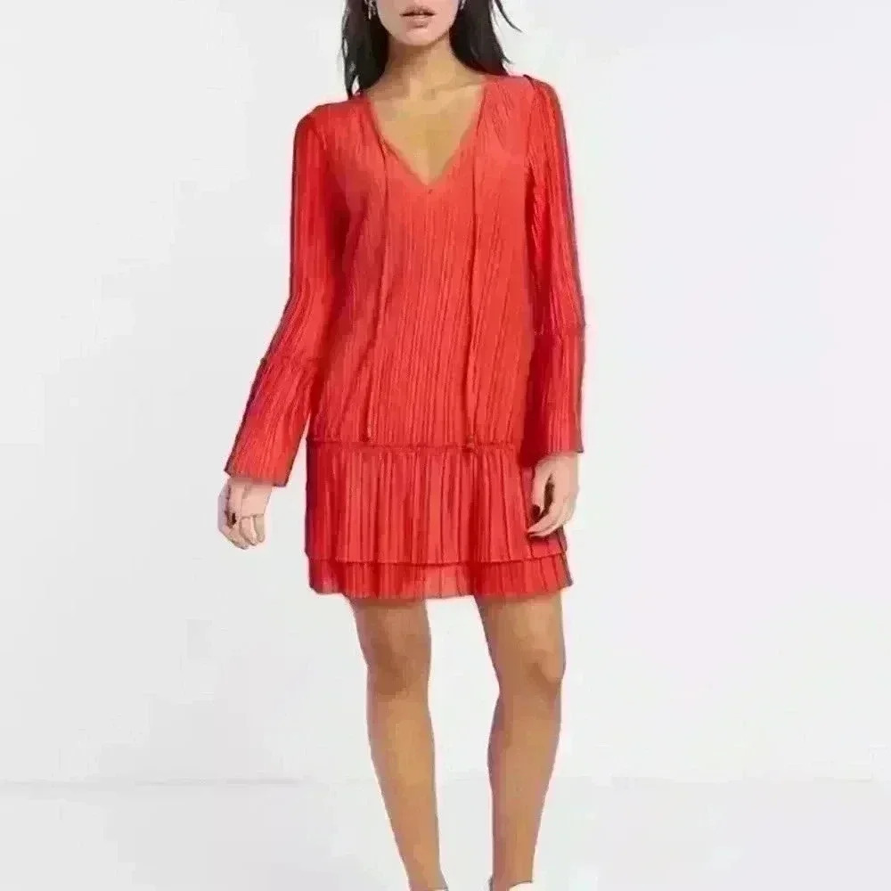 Free People Womens Orange Cant Help It Plisse Flared Sleeve Boho Dress Xs